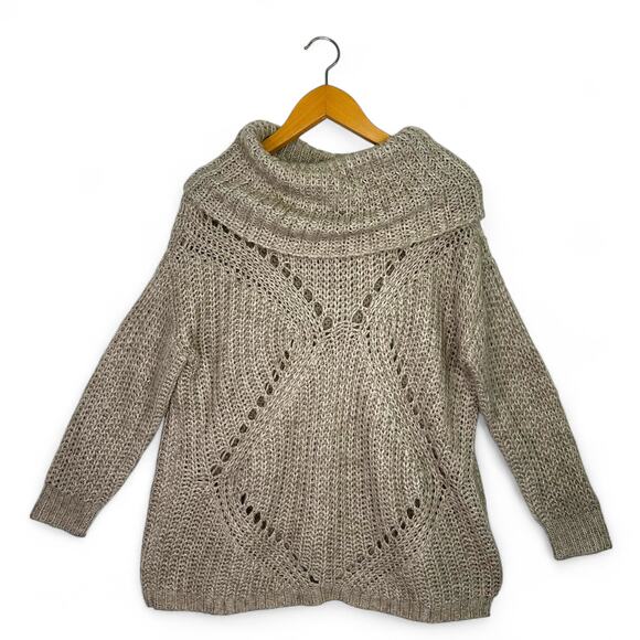 Dreamers Women's Open Knit Cowl Neck Sweater Size S Taupe Gray Pointelle Knit - Picture 1 of 9